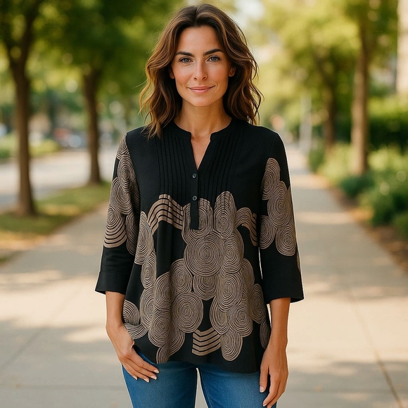 Reborn Tops - Reborn Black and Tan Patterned Tunic Top